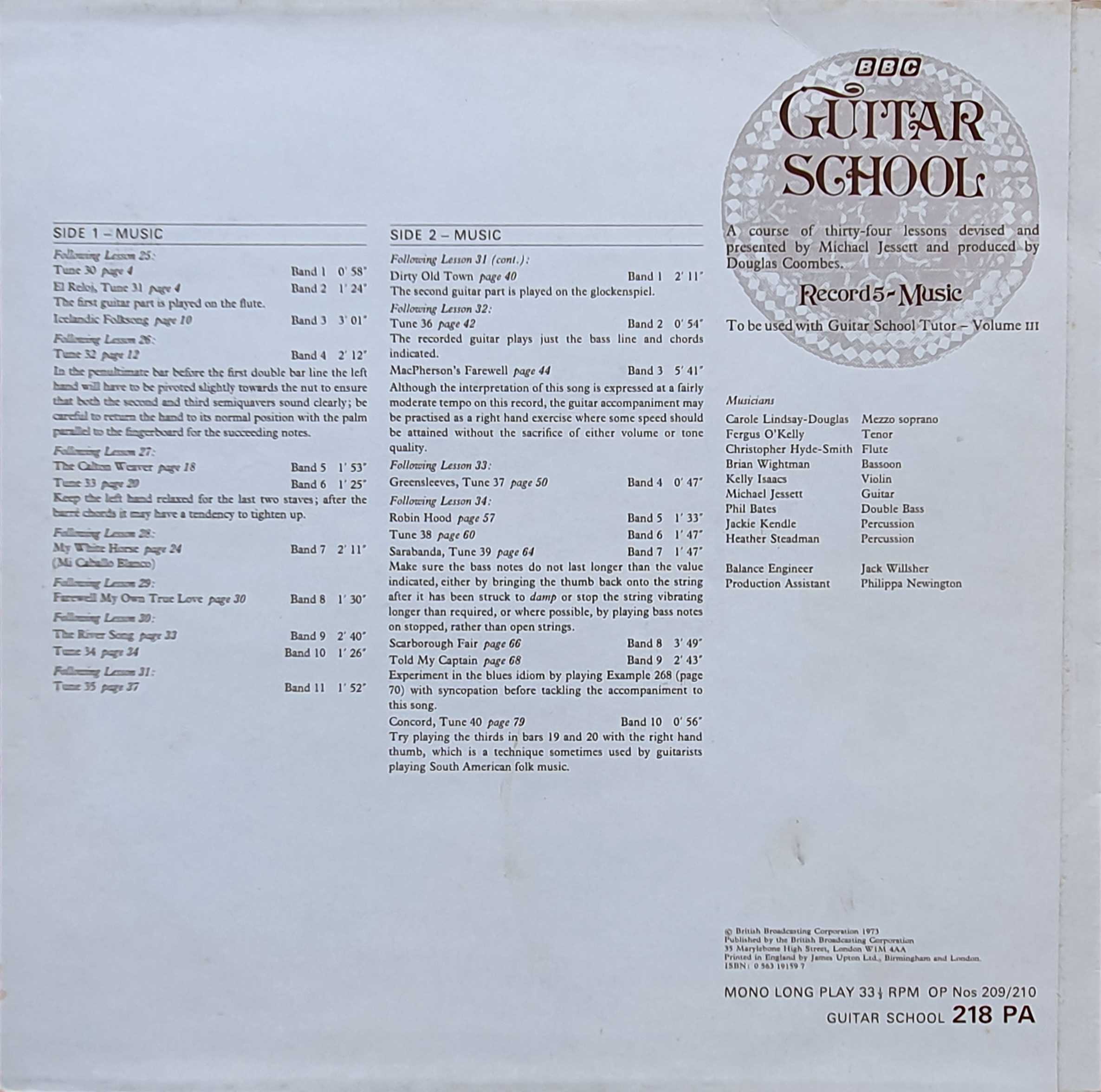 Picture of OP 209/210 Guitar school - Record 5 - Music by artist Michael Jessett from the BBC records and Tapes library